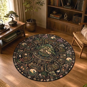 May include: A circular area rug featuring a dark background with a central bonsai tree illustration surrounded by intricate, radial panels depicting various garden scenes, floral motifs, and small tools in shades of green, brown, and soft pink.