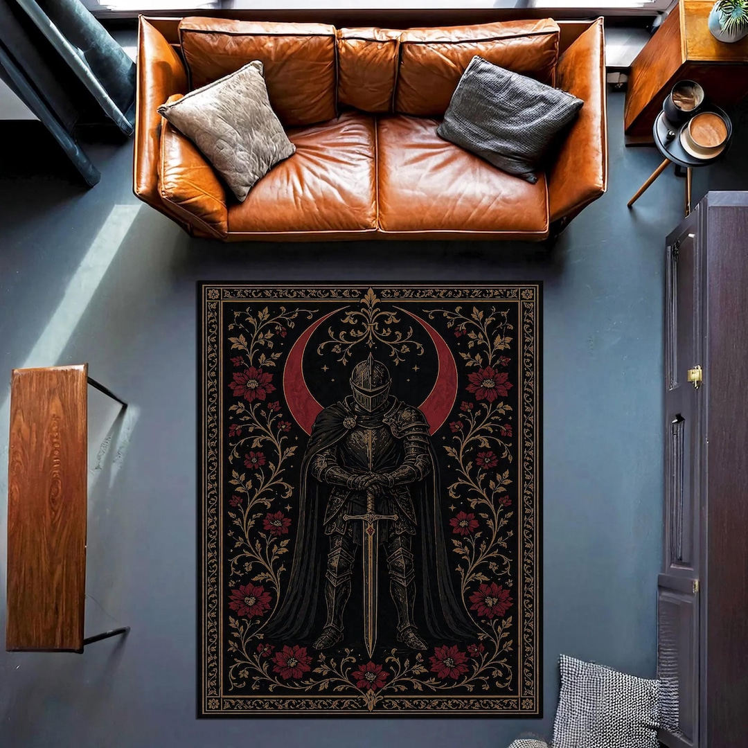 Knight Castle Rug Dark Knight Gothic Rug Medieval Armor Warrior Design, Black Red Fantasy ...