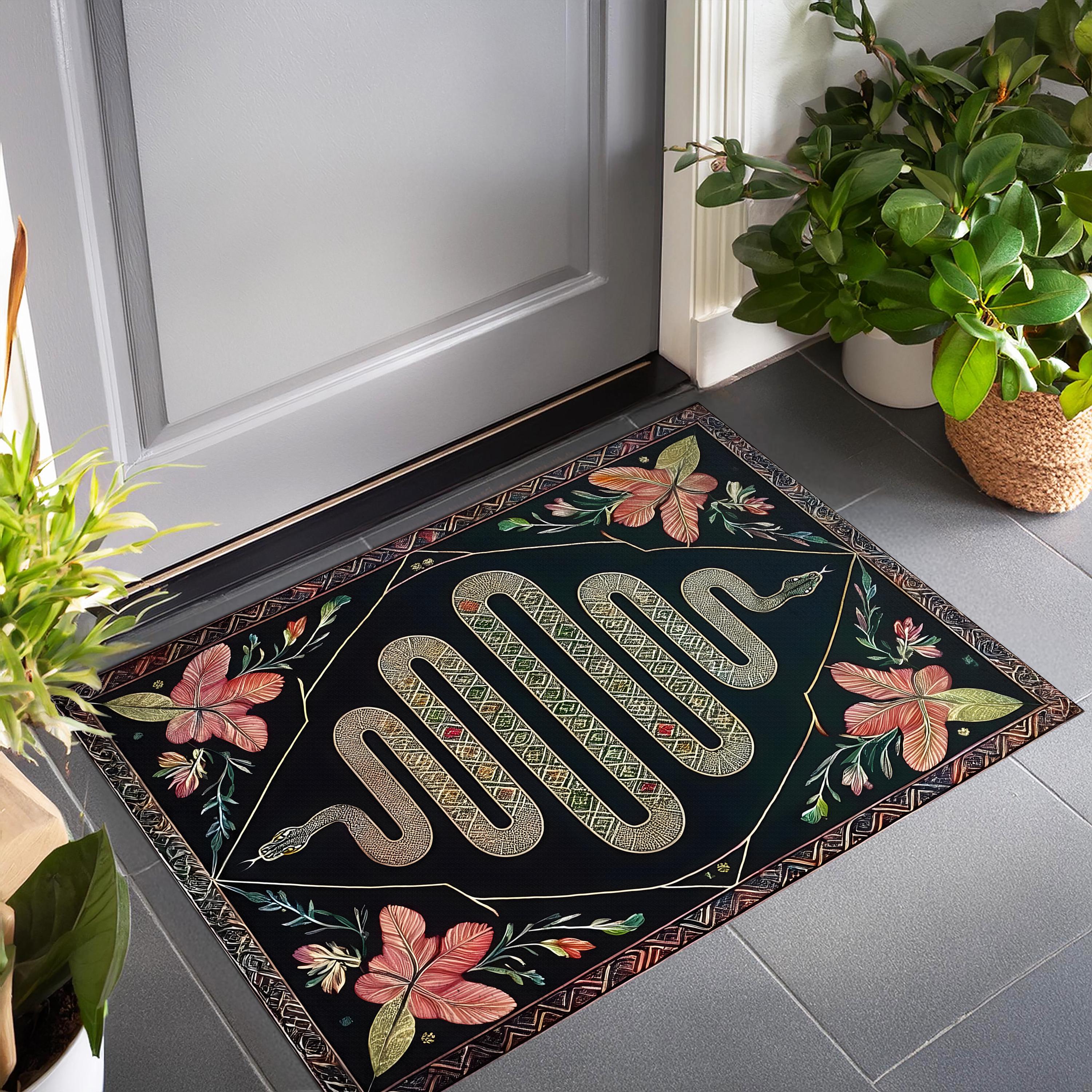Mystical Snake and Floral Design Rug, Cottagecore Rug, Floral Snake ...