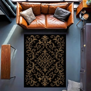 Noir Baroque Ornate Rug – Elegant Black and Gold Carpet with Vintage Scrollwork, Classic Gothic Luxury Rug for Living Room Decor
