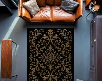 Alfombra barroca negra ornamentada: elegante alfombra negra y dorada con volutas vintage, alfombra gótica clásica de lujo para la decoración del salón.