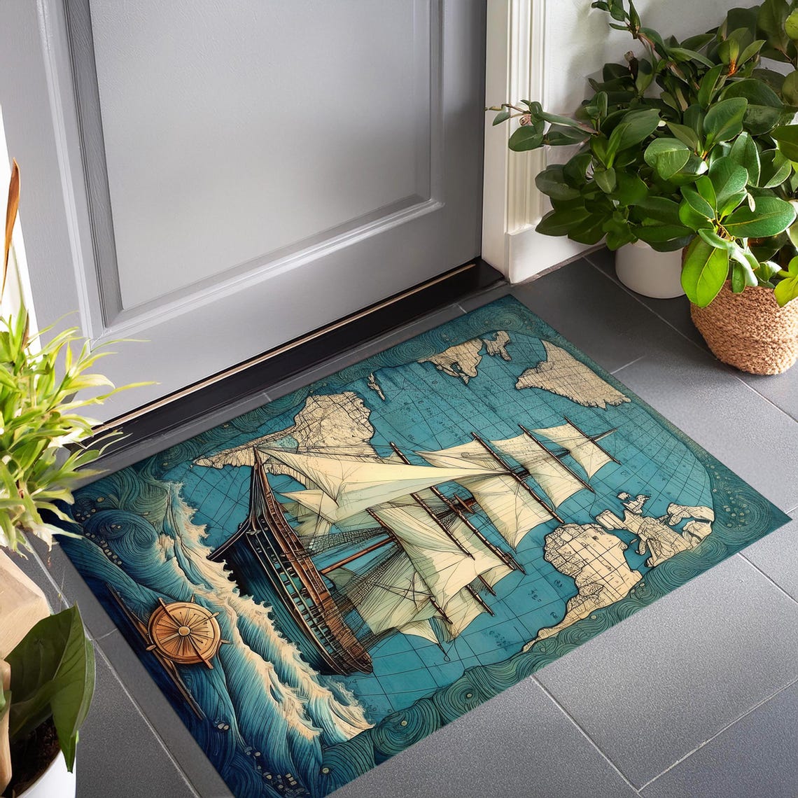 Vintage Pirate Ship Rug, Ship Rug, Pirate Ship Rug, Nautical Rug ...