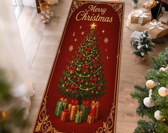 Weihnachtsbaum Läufer mit Geschenken, Roter Feiertagsteppich, Festlicher Xmas Flur Teppich, Winter Saisonale Dekoration