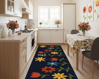 Dark Blue Floral Kitchen Runner Rug – Non-Slip Washable Mat with Retro Flower Design | Long Rug for Sink or Counter