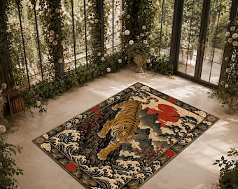 May include: A rectangular area rug featuring a detailed illustration of a tiger descending a rocky cliffside. The design includes stylized crashing waves, a large red sun, and dark mountain silhouettes, all framed by a decorative black border.