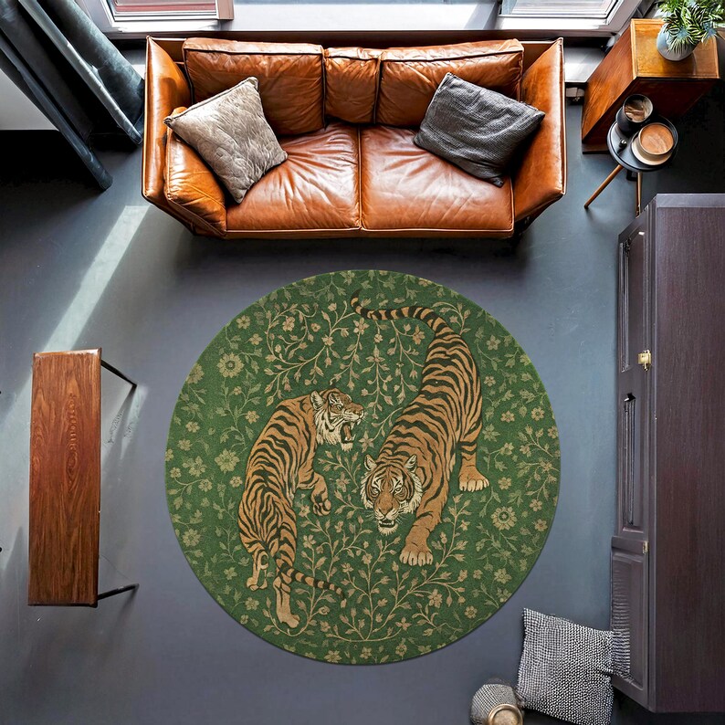 Tiger Jungle Round Rug – Green Botanical Forest Carpet With Two Tigers ...