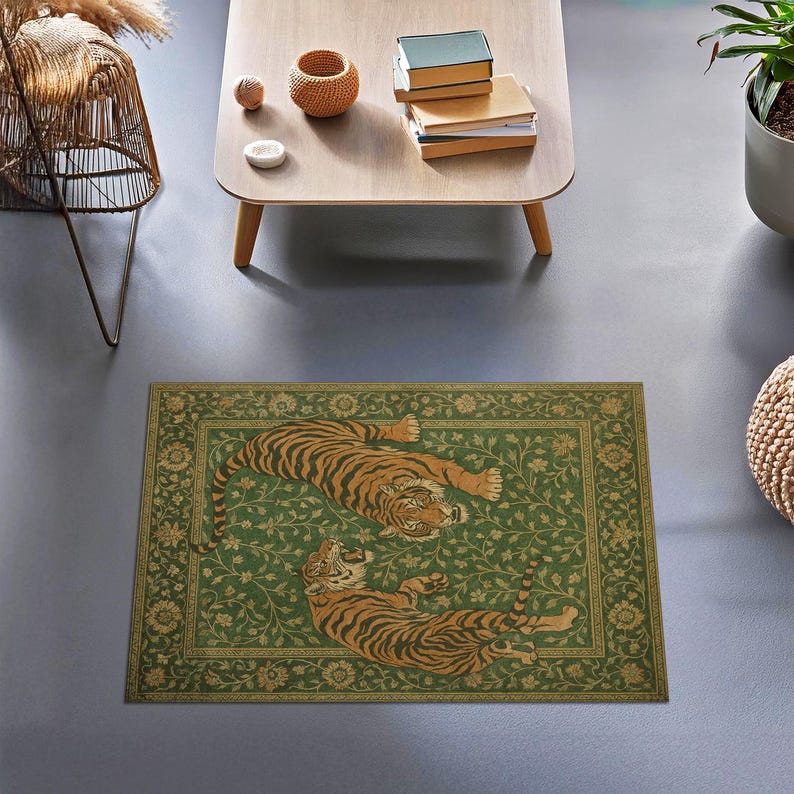 Tiger Jungle Rug – Green Botanical Forest Carpet With Two Tigers ...