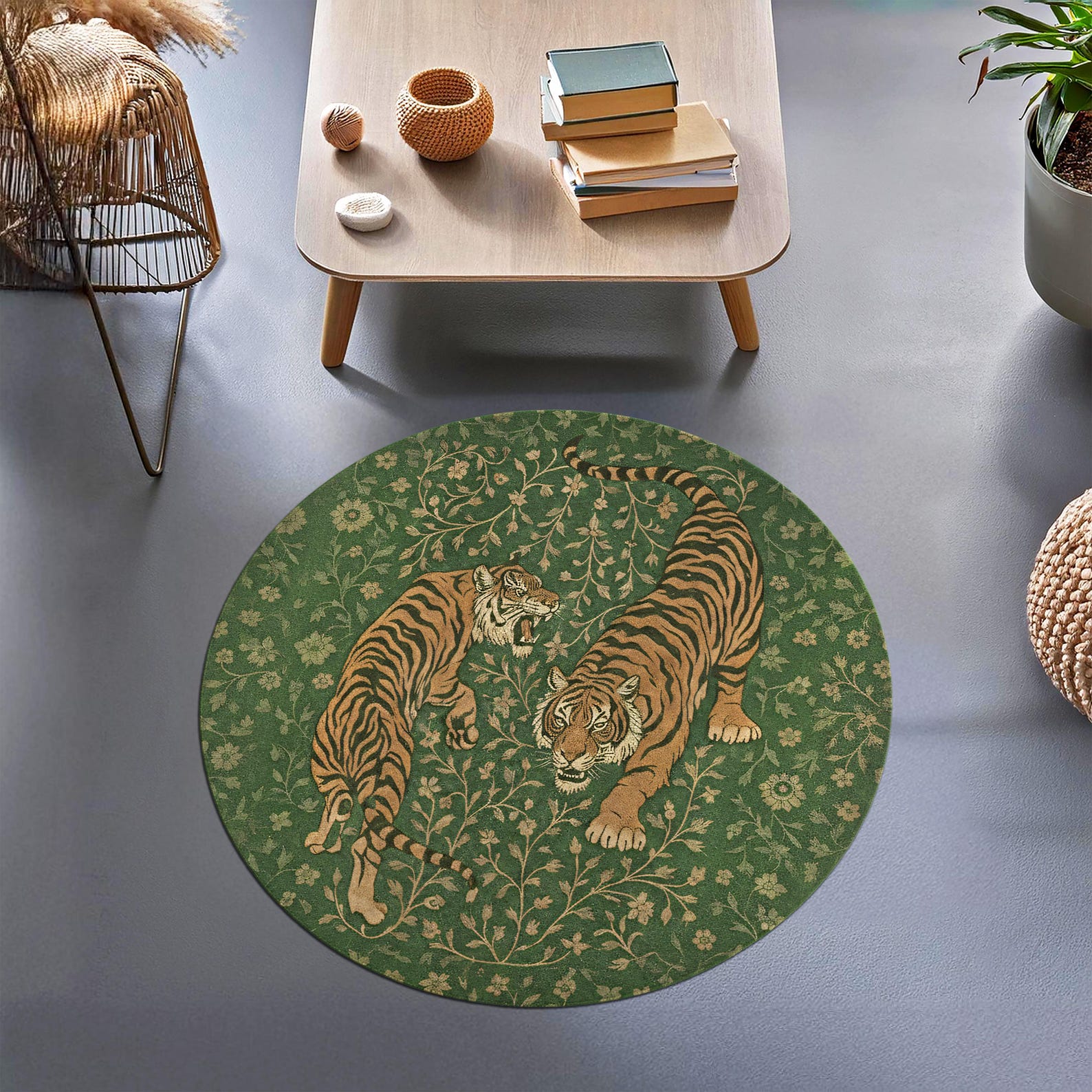 Tiger Jungle Round Rug – Green Botanical Forest Carpet With Two Tigers ...
