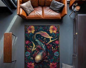 Floral Axolotl Rug, Salamander Rug For Living Room, Modern Rug, Maximalist Rug for Home Decor, Animal Rug, Cool Rug, Fantastic Rug