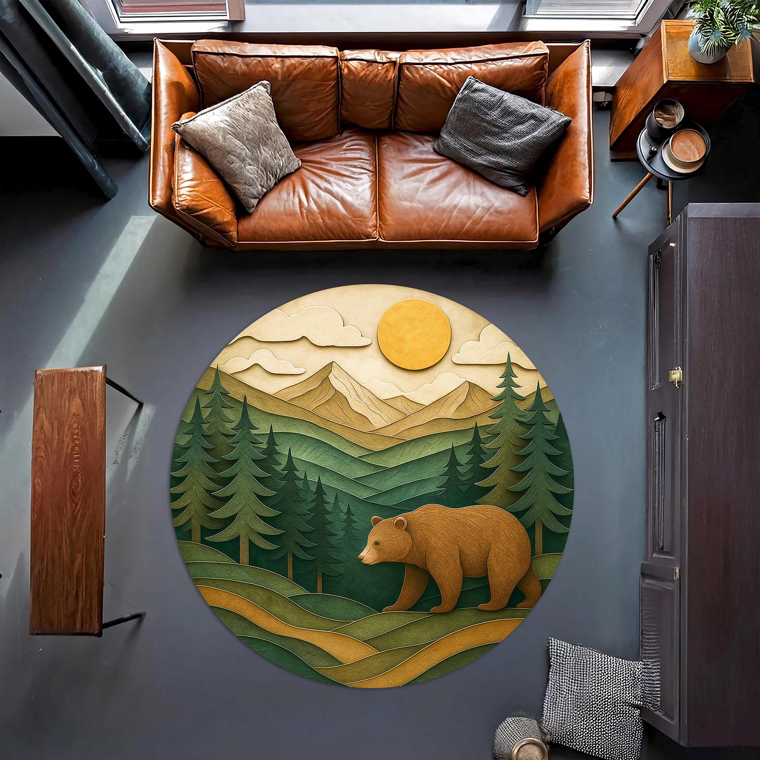 Bear Forest Round Rug – Rustic Mountain Landscape Carpet With Pine ...
