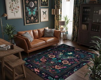 Luna Moth Rug, Mystic Butterfly Rug, Moonlit Floral Decor, Living Room Rug ,Floral Home Decor, Garden Rug , Gothic Floral Decor
