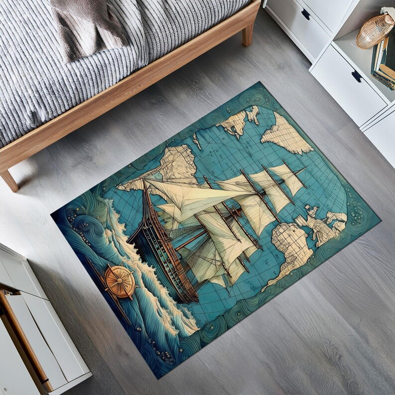 Vintage Pirate Ship Rug, Ship Rug, Pirate Ship Rug, Nautical Rug ...