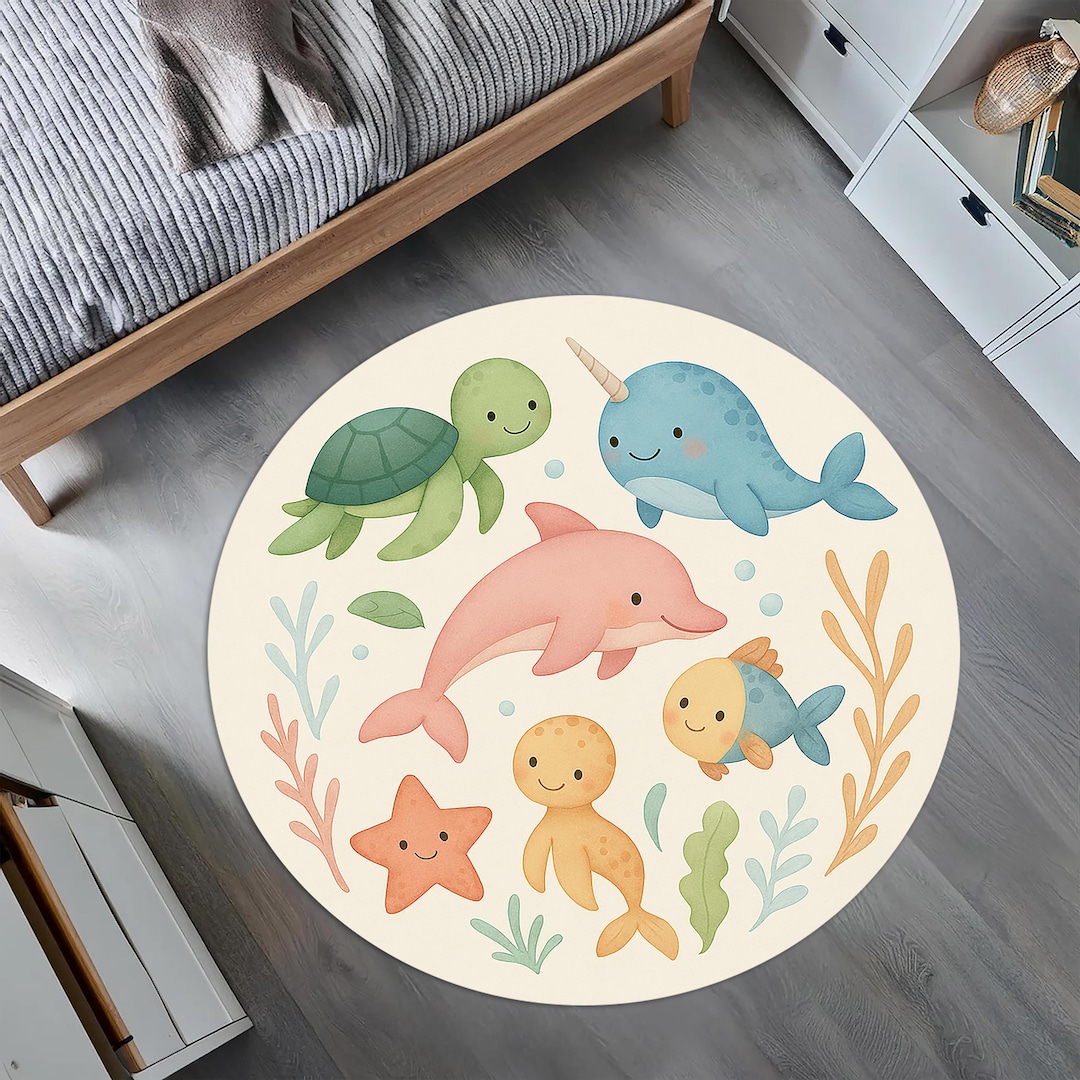 Ocean Friends Round Rug – Cute Sea Animal Carpet With Dolphin, Turtle ...