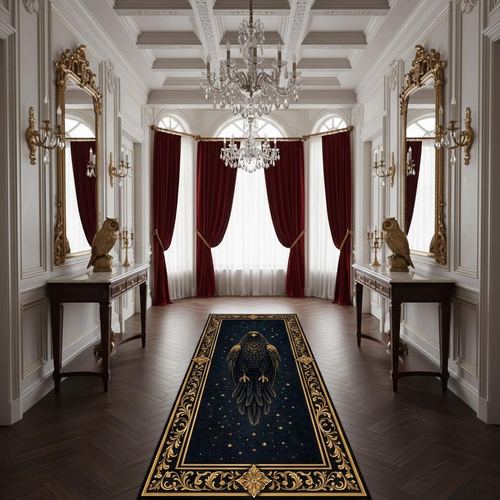Golden Owl Night Runner Rug, Celestial Gothic Hallway Carpet, Dark Blue Luxury Baroque Palace Decor