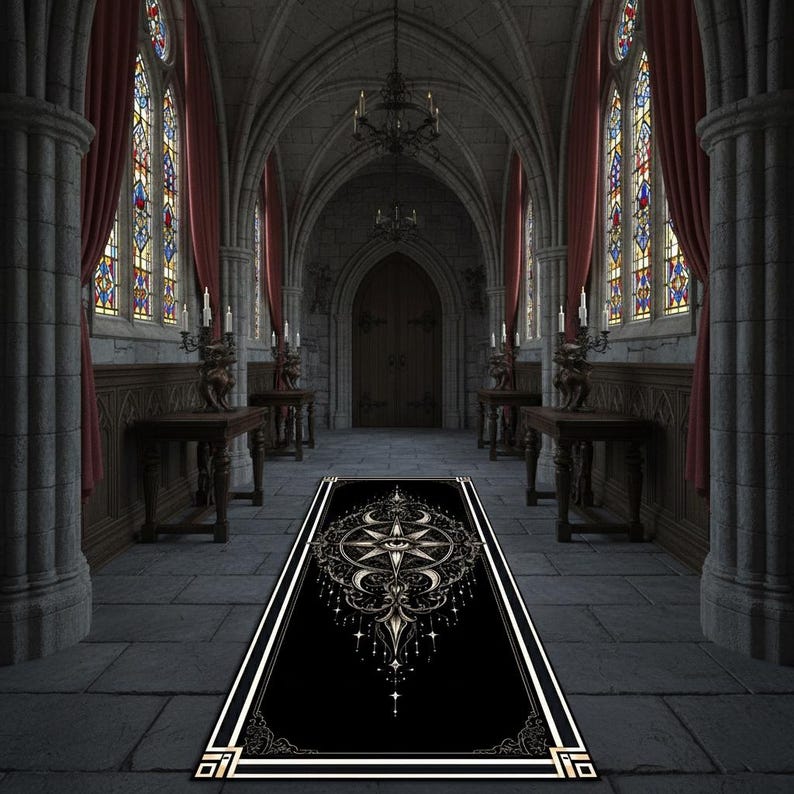 Gothic Church Rug Gothic Compass Sigil Runner Rug, Black Occult Hallway Carpet, Dark ...