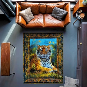 Tiger Rug, Big Cat Rug, Maximalist Decor, Traditional Rug, Decorative Rug For Bold Decor, Colorful Washable Rug For Flamboyant Home Decor