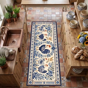 May include: A rectangular runner rug featuring a cream-colored background with a repeating pattern of blue and white roosters, floral motifs, and wheat stalks, all enclosed within a decorative blue border with geometric and floral accents.