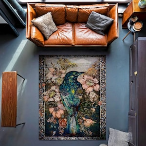 Vintage Bird Rug, Floral Area Rug, Flower Rug, Botanic Design Decor for Living Room, Antique Decor, Cozy Room Rug, Floral Bird Rug