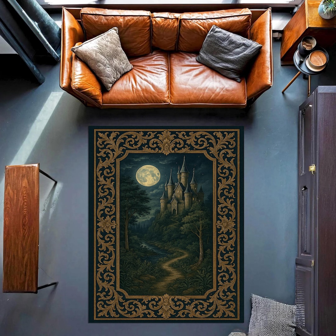 Moonlit Castle Gothic Rug – Dark Fantasy Baroque Carpet With Moon and ...