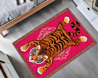 Bold Pink Tiger Rug – Tibetan Style Carpet for Boho Home Decor, Wild Animal Lover Gift, Statement Jungle Accent