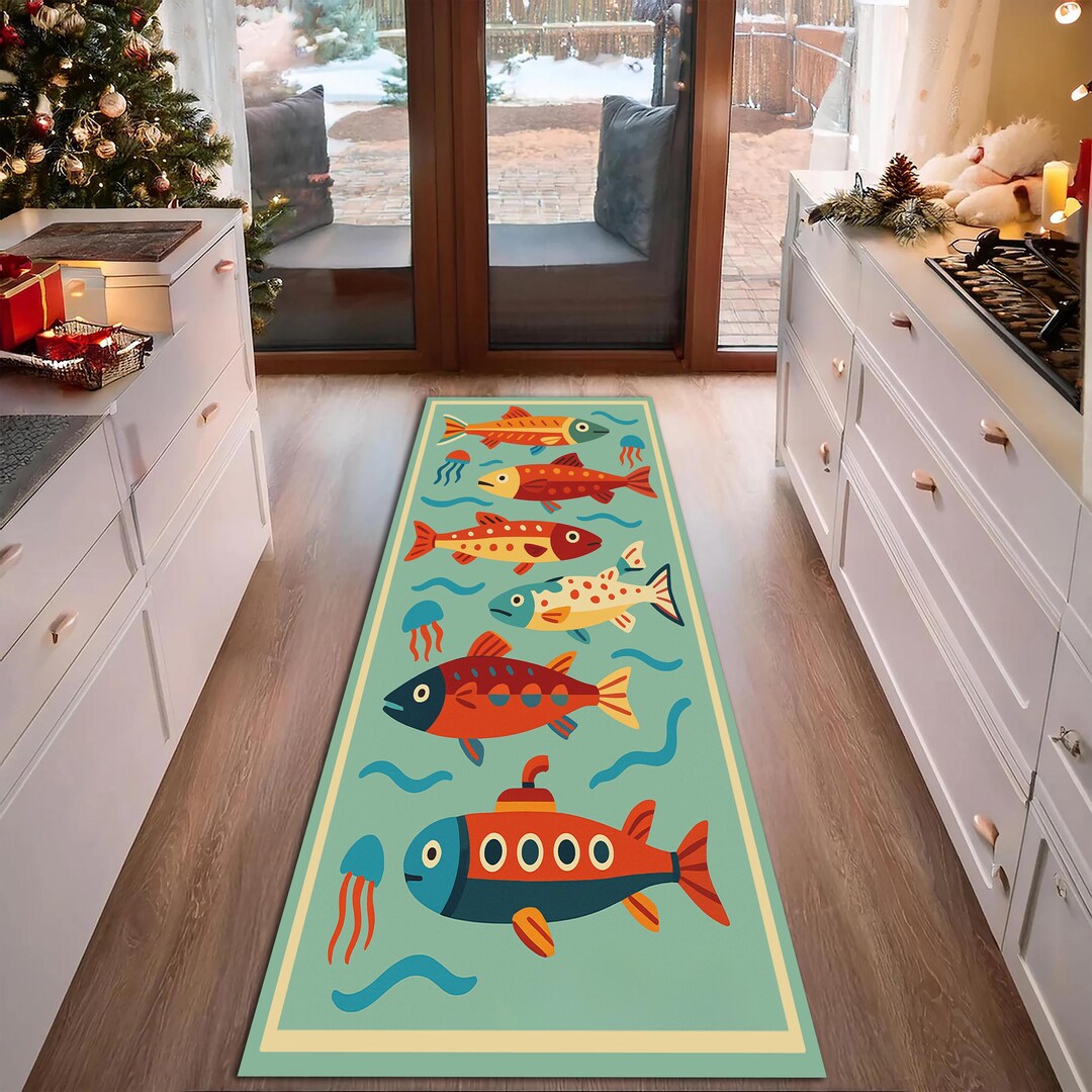 Playful Submarine Fish Runner Rug – Whimsical Teal Hallway Runner ...