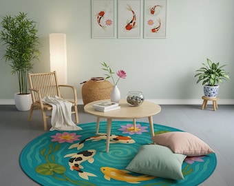 Harmony Koi Water Garden Rug – Teal Round Carpet with Colorful Koi Fish and Lotus Flowers, Asian Zen Decor Rug for Peaceful Interiors