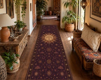Celestial Sun Runner Rug, Burgundy Astrology Hallway Carpet, Boho Sun Face Runner, Star Moon Entryway Rug, Cosmic Decor, Statement Decor
