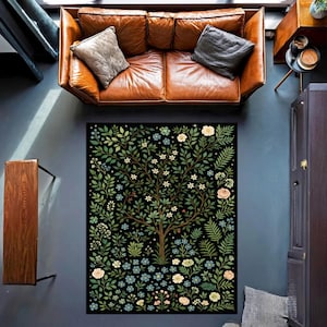 Tree of Life Botanical Rug, Dark Floral Nature Carpet with Wildflowers – Cottagecore Forest Decor, Nature Lover Gift