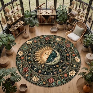 May include: A large circular area rug featuring a central sun and moon face design surrounded by intricate celestial, floral, and pomegranate motifs in shades of deep green, gold, and cream, set against a dark background with star patterns.