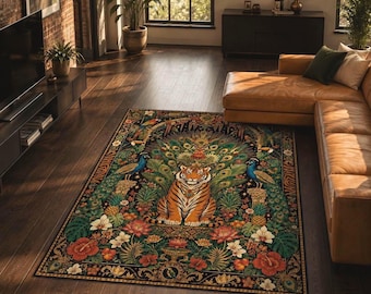 May include: A rectangular area rug featuring a central orange and black tiger illustration surrounded by green peacock feathers, colorful tropical flowers, and blue birds. The design includes pineapple motifs and ornate borders on a dark background.