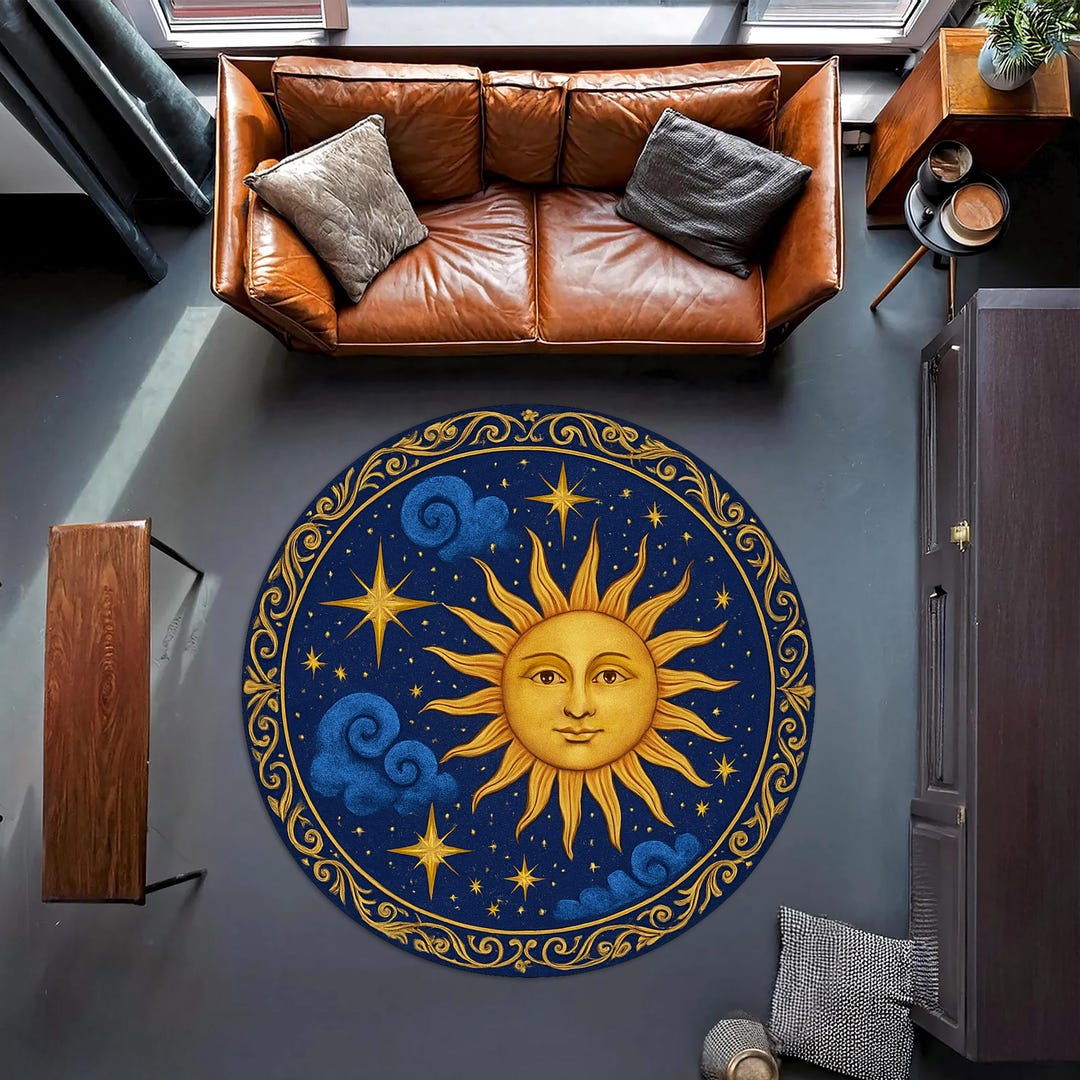 Sun Face Round Rug – Golden Sun and Stars Design on Deep Blue Sky With ...