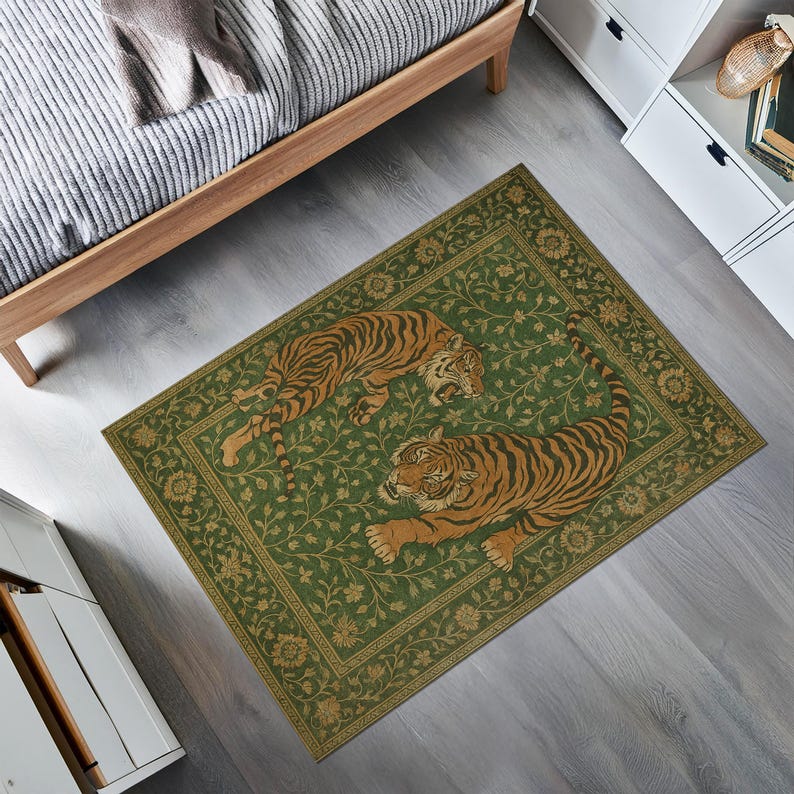 Tiger Jungle Rug – Green Botanical Forest Carpet With Two Tigers ...