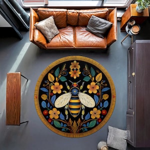 Alfombra redonda con diseño de abeja floral, alfombra con diseño de abeja miel, alfombra con decoración cottagecore, decoración Dark Academia, alfombra moderna con temática de abeja, alfombra bohemia, alfombra con flores, alfombra estética