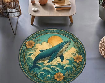 Round Whale Rug with Sun and Waves – Nautical Ocean Themed Carpet, Marine Animal Decor for Bedroom, Living Room, Meditation