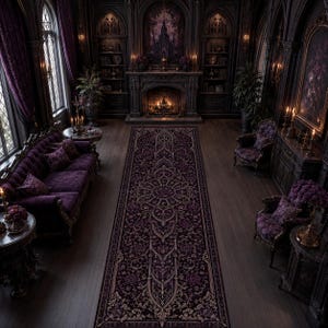 May include: A long rectangular area rug featuring a deep purple and black base with intricate, symmetrical floral and scrollwork patterns in muted gold and cream tones, centered on a dark wooden floor within a room with purple velvet furniture.