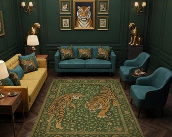 Tiger Jungle Rug – Green Botanical Forest Carpet with Two Tigers, Oriental Style Animal Art, Boho Living Room or Office Decor