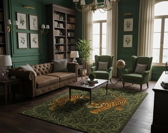 Jungle Tiger Rug – Green Ornamental Carpet with Fierce Tiger Motif, Bold Animal Decor