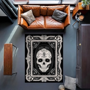 Skull Gothic Black Rug, Floral Skull Dark Academia Rug, Gothic Room Decor, Area Rug for Living Room, Modern Home Decor, Unique Design