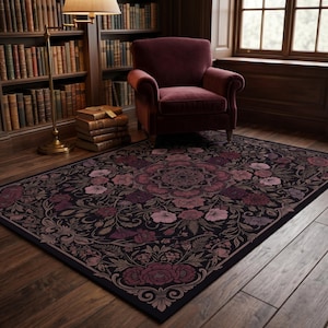 Alfombra floral gótica, alfombra de estilo academia oscura, alfombra victoriana de flores, decoración botánica sombría, alfombra de rosas ciruela