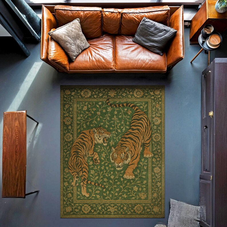 Tiger Jungle Rug – Green Botanical Forest Carpet With Two Tigers ...