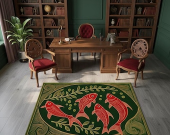 Koi Fish Rug, Japanese Fish Rug, Fish Pattern Rug, Modern Area Rug for Living Room, Whimsical Nautical Rug, Animal Print Area Rug,Floral Rug