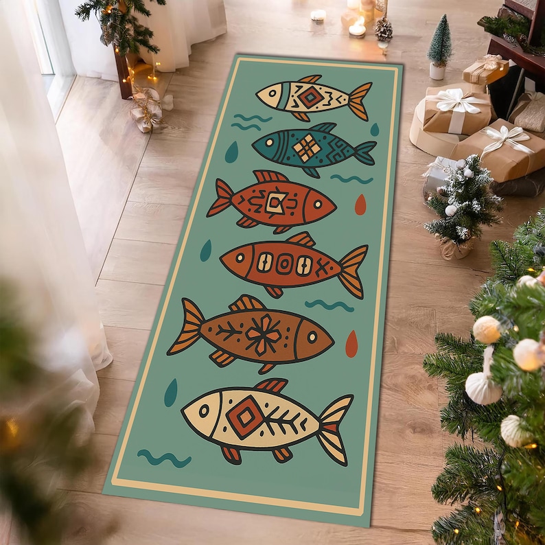 Folk Art Fish Runner Rug – Teal Kitchen Hallway Carpet, Bohemian ...