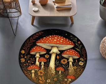 Mushroom Forest Round Rug with Red Toadstools and Flowers – Whimsical Cottagecore Carpet for Boho Living Room or Kids Nature Decor