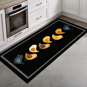 Cute Birds Kitchen Runner Rug – Black Background Colorful Bird Pattern Floor Mat, Long Cozy Carpet for Home or Cottage Style Decor
