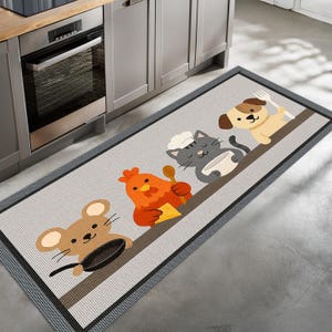 Tappeto da cucina con simpatici animali - Design con topi, gatti, cani e galline con tema chef, tappetino anti-fatica per cucine adatte a bambini e animali domestici.