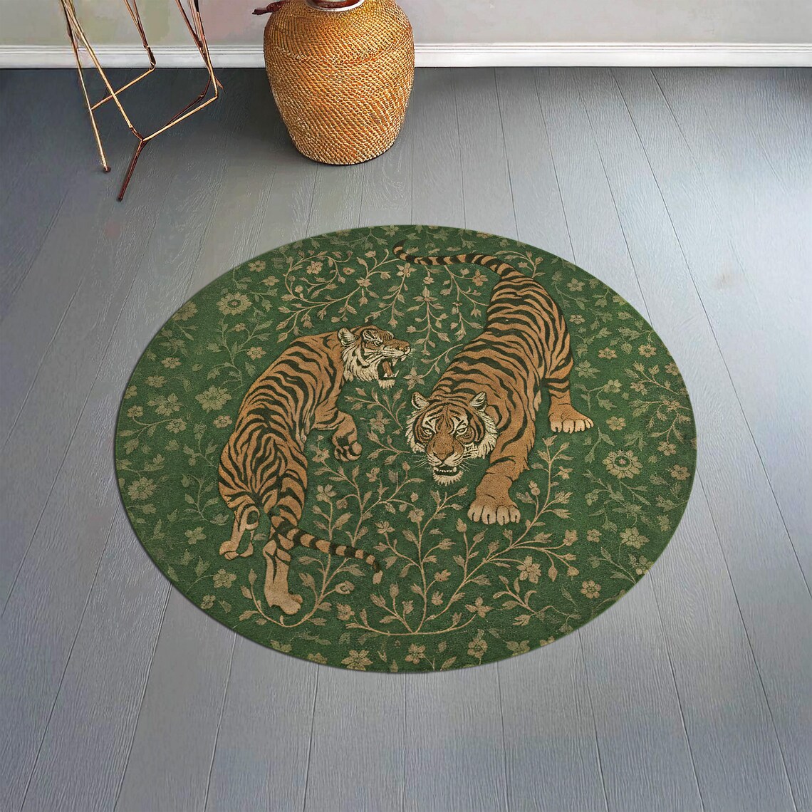 Tiger Jungle Round Rug – Green Botanical Forest Carpet With Two Tigers ...