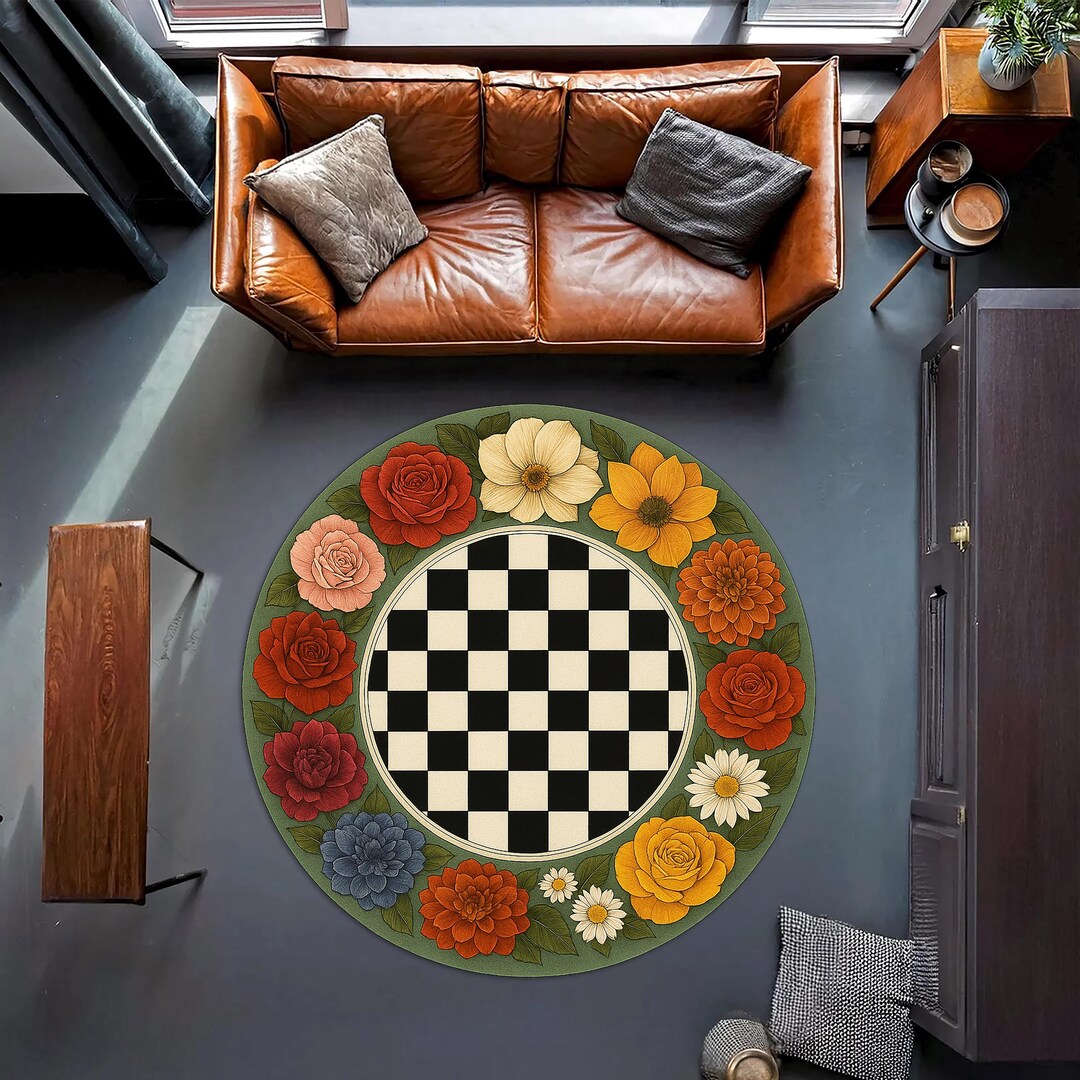 Floral Round Rug With Checkerboard Center – Colorful Garden Flowers ...