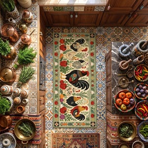 May include: A rectangular kitchen runner rug featuring a repeating pattern of roosters, tomatoes, and herbs on a light green background, centered on a tiled floor surrounded by copper cookware, bowls of fresh produce, and wooden kitchen tools.