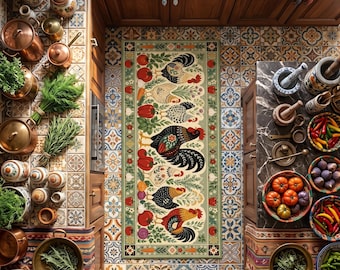 May include: A rectangular kitchen runner rug featuring a repeating pattern of roosters, tomatoes, and herbs on a light green background, centered on a tiled floor surrounded by copper cookware, bowls of fresh produce, and wooden kitchen tools.
