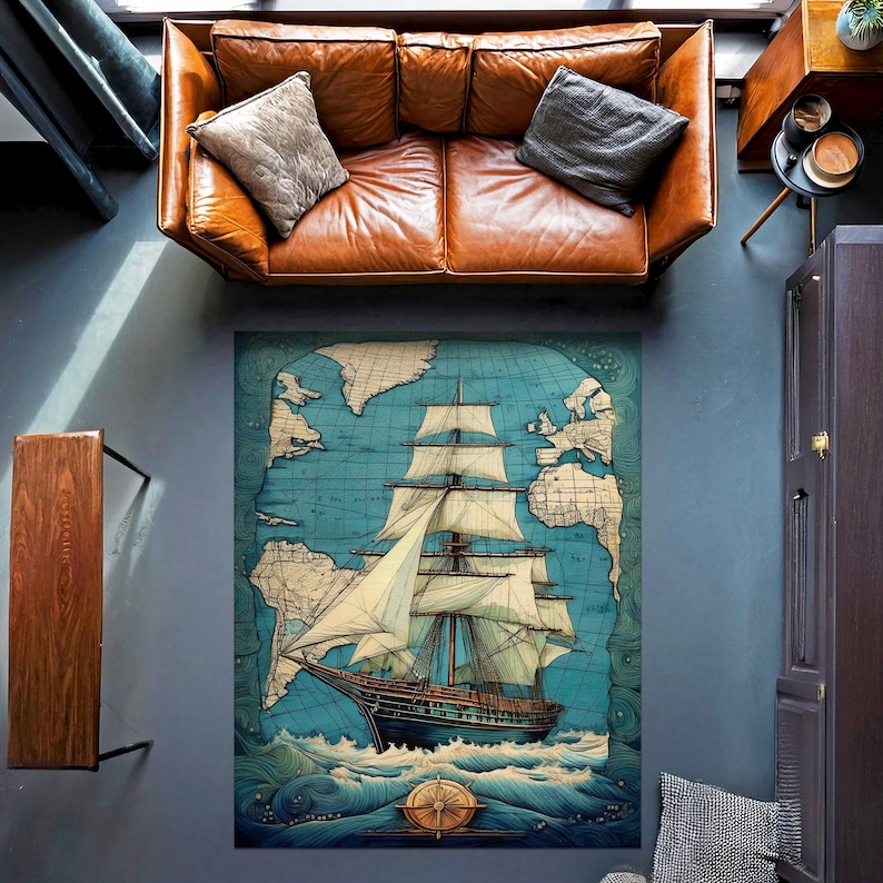 Vintage Pirate Ship Rug, Ship Rug, Pirate Ship Rug, Nautical Rug ...